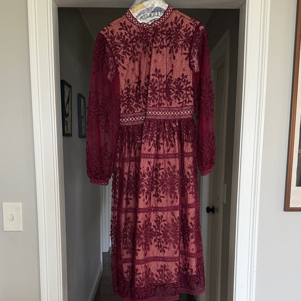 Ivy City Co Maroon Lace Dress, pearl cuff detail
